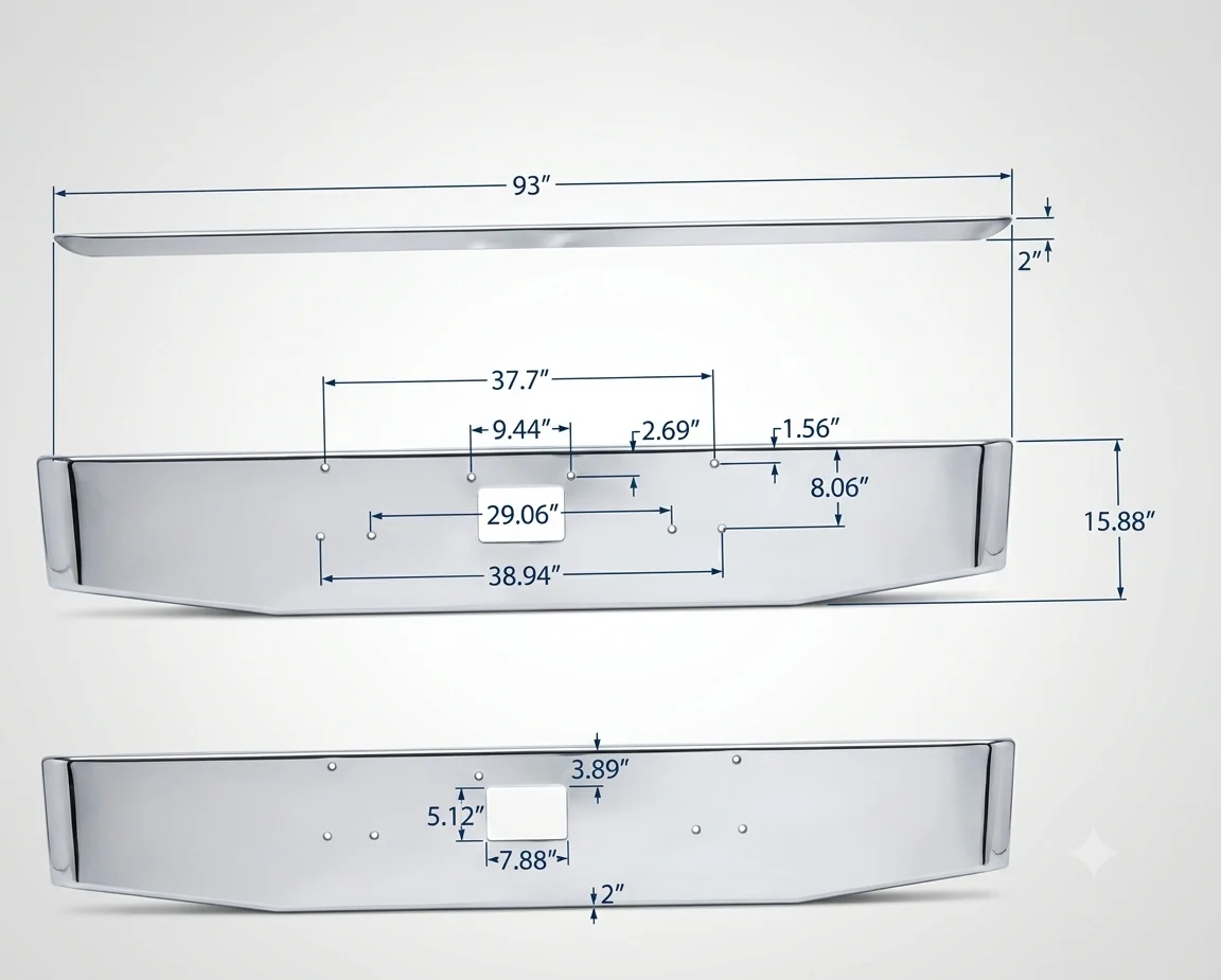 DuraBuilt Peterbilt 379 Stainless Steel Bumper | 16" Tapered & Rolled | No Fogs | PBB-570SS6TR4 - Image 2