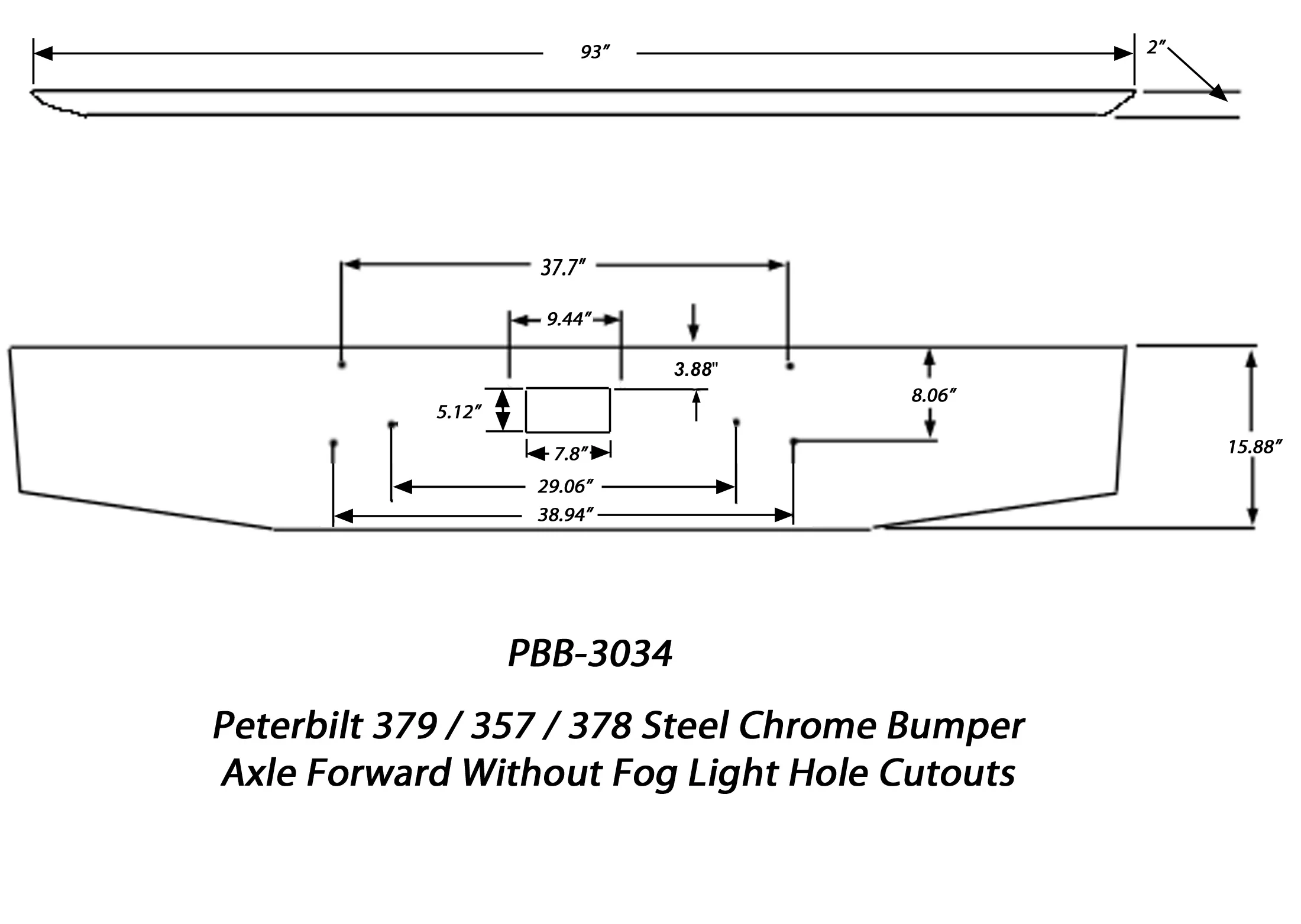 16" Steel Chrome Bumper Axle Forward Without Fog Light Hole Cutouts - Peterbilt 379 / 357 / 378 - Image 3