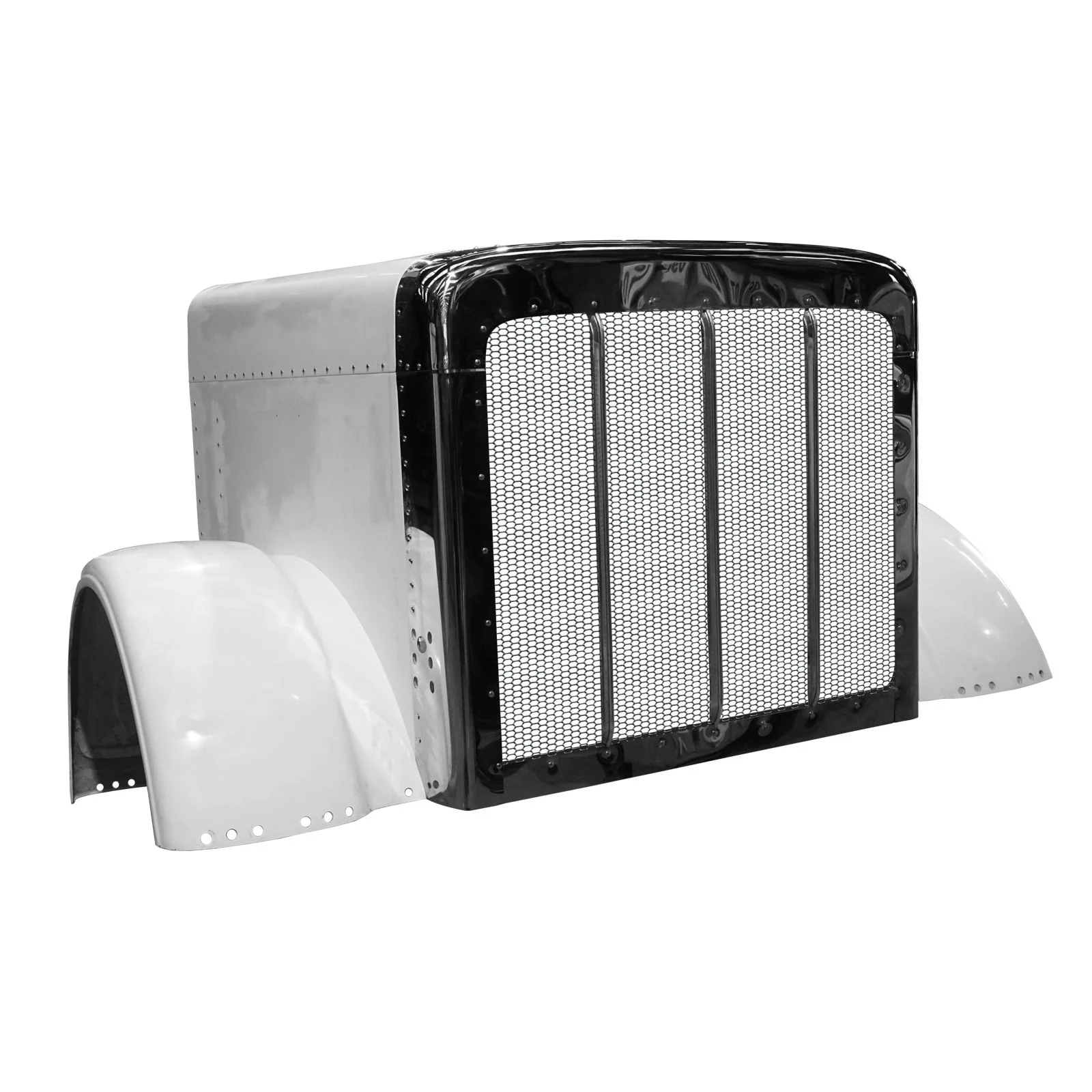 Durabuilt Fiberglass Hood for Peterbilt 388 Fiberglass Short With Fiberglass Fenders (Stainless Steel Grill & Surround)